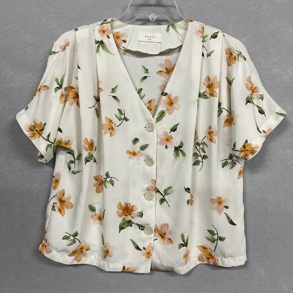 Elodie Women Small Button Up Blouse Ivory Floral Short Sleeve V-Neck Boho Shirt